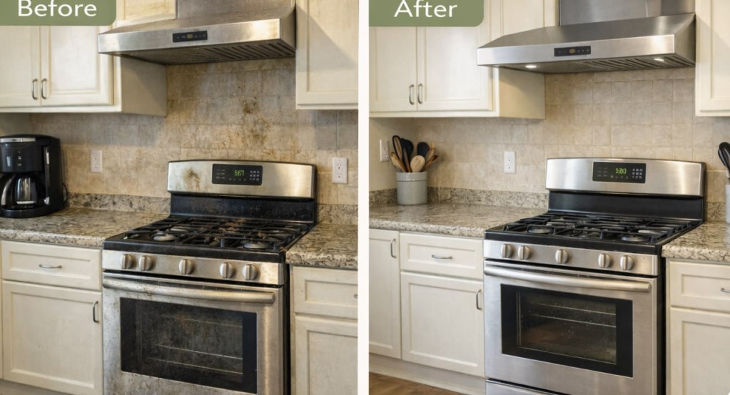 Clean kitchen stove comparison before after