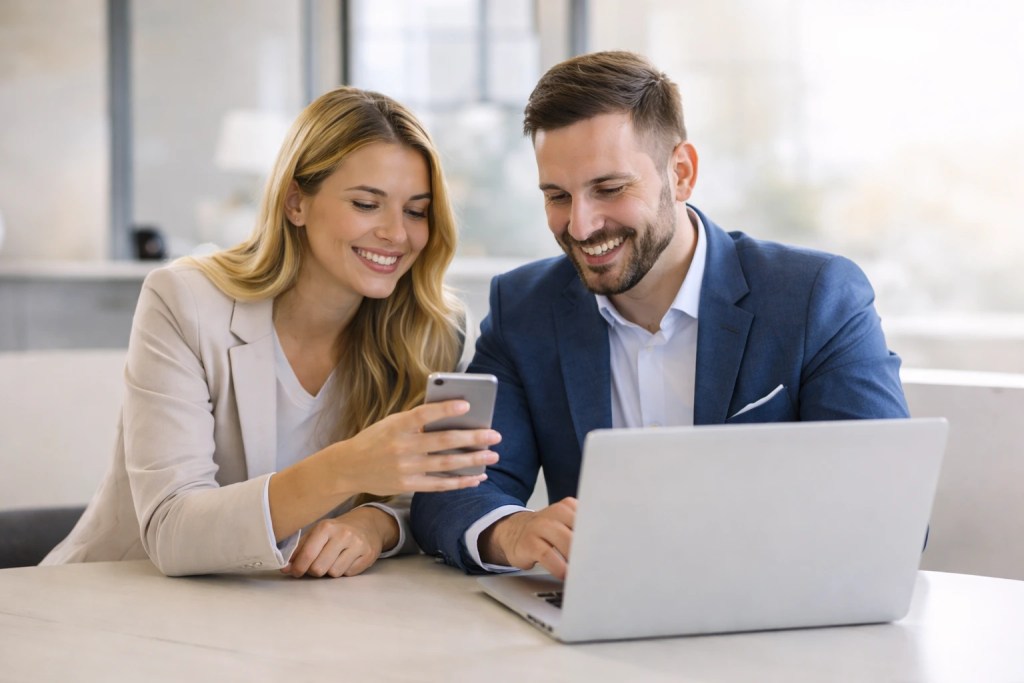 Two people collaborating over a laptop.
