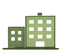 Two green buildings with windows