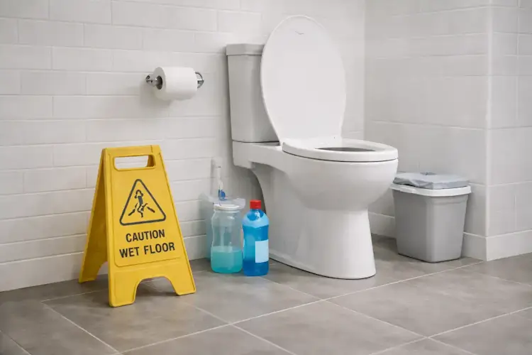 Bathroom with wet floor caution sign
