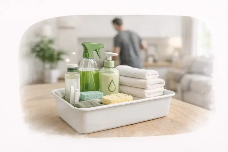 Cleaning supplies and towels on tray