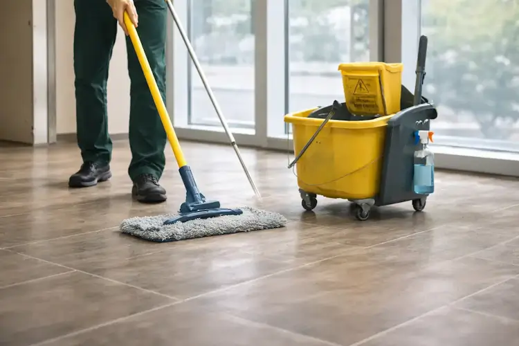 Person mopping floor with cleaning supplies