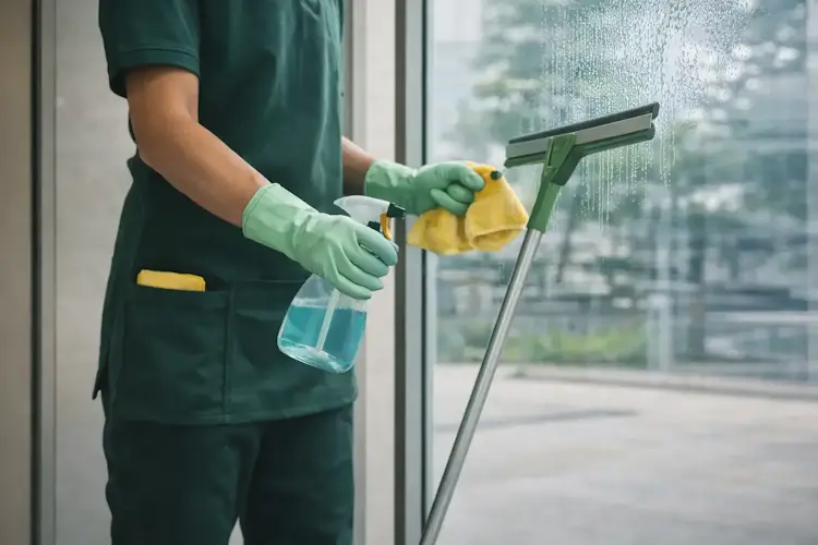 Person cleaning glass with spray