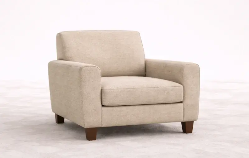 Beige upholstered armchair with wooden legs