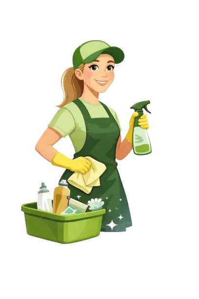 Move out cleaning Person with green supplies.