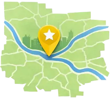 Map with location marker and three river. Pittsburgh